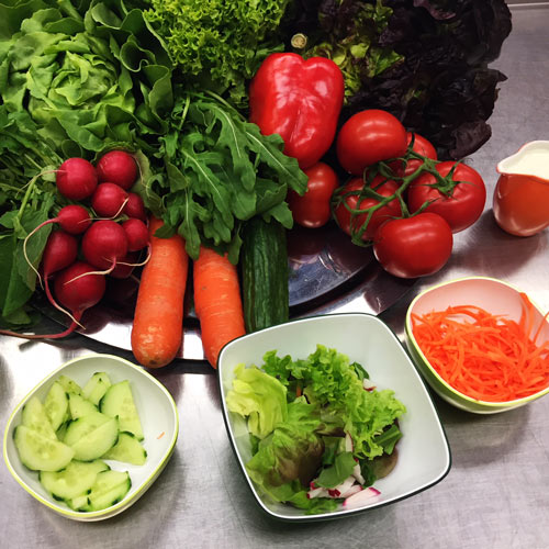 Frisches Gemüse auf einem Teller, davor drei Schüsseln mit frisch geraspelter Möhre, Salat und Gurkenscheiben