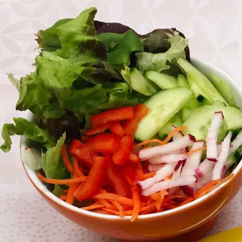 Frischer Salat in kleiner Schüssel mit Paprika, geraspelten Möhren, Radieschen und Gurke