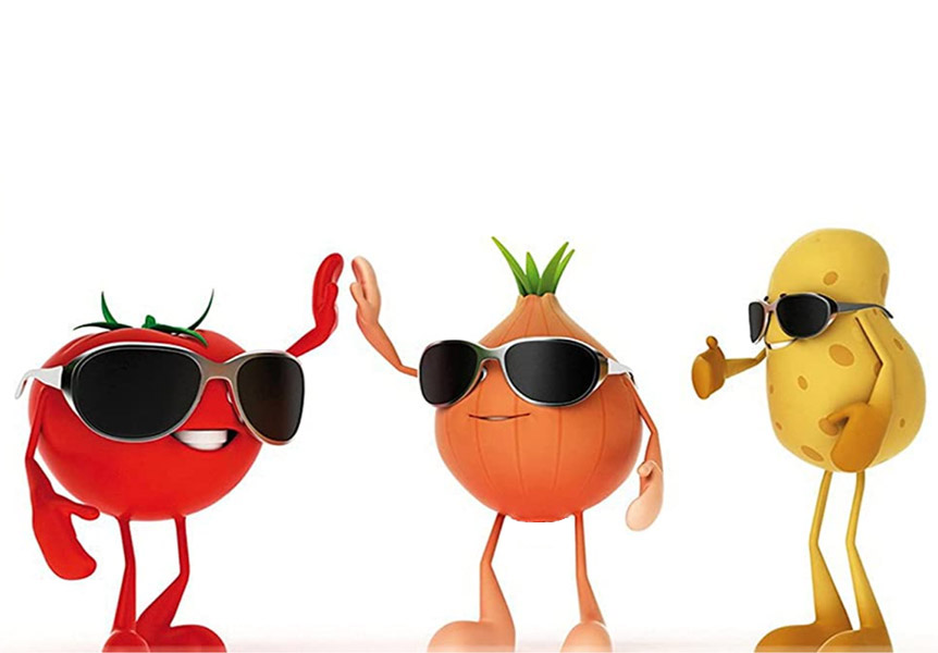 Drei Comicgemüse mit Sonnenbrillen werden als Team dargestellt und klatschen sich freundschaftlich ab.